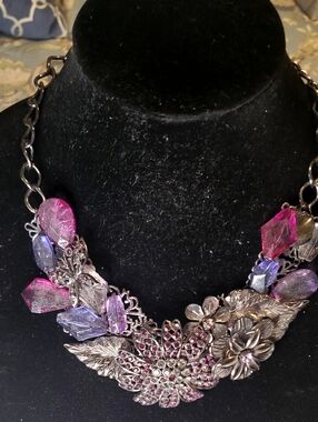 Source Unknown Pink & Purple Floral Crystal Necklace